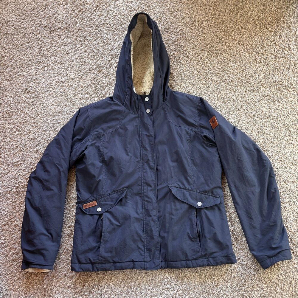 Columbia Parka‎ Jacket Women's XL Navy Sherpa Fleece Lined Hood Insulated